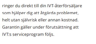 Skärmdump av text om garantivillkor med information om IVT:s serviceprogram.