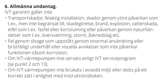 Skärmdump av en garantibroschyr som listar allmänna undantag för IVT-garantin, inklusive skador och felaktig användning.