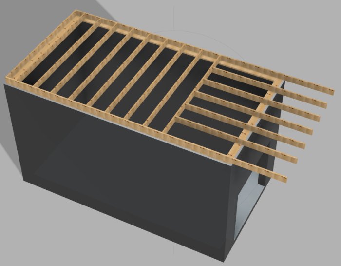 3D-modell av garage med bjälklag och utstickande balkongbjälkar som visar en potentiell förlängning av bjälklaget.