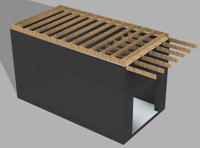 3D-modeller av ett tvåvåningshus med synligt bjälklag och balkongbjälkar på övre våningen.