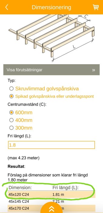 Illustration av dimensionering för frihängande träram med markerade rekommenderade mått.