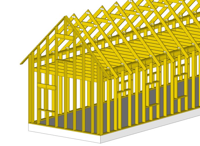 3D-skiss av ett hus med stomkonstruktion i trä inklusive vindsvåning och gaveltak.