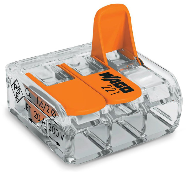 Transparent WAGO 221 klämkontakt med orange spak mot vit bakgrund.