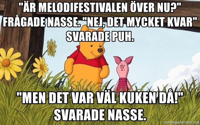 Illustration av Nalle Puh och Nasse med text som skämtsamt skildrar dialog om Melodifestivalen.