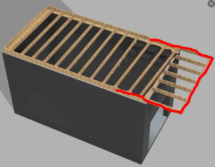 3D-modell av en träramskonstruktion med markerade kantramar i rött.