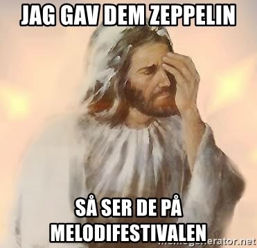 Illustration av en bedrövad gestalt med text som uttrycker besvikelse över musikval jämfört med Led Zeppelin.