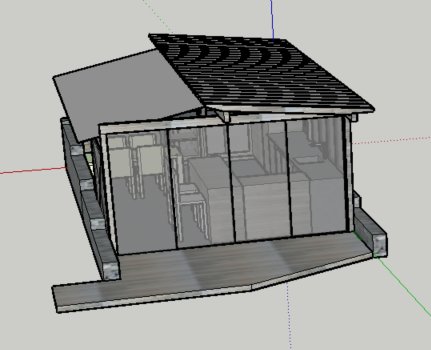 3D-modell av ett planerat utekök med skiffermur i sluttning, omringat av stödmurar.