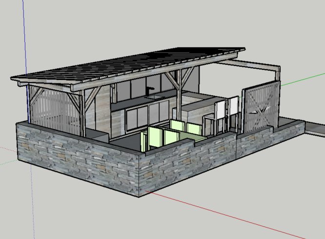 3D-modell av ett planerat utekök omgivet av stödmurar av skiffer i en sluttning.
