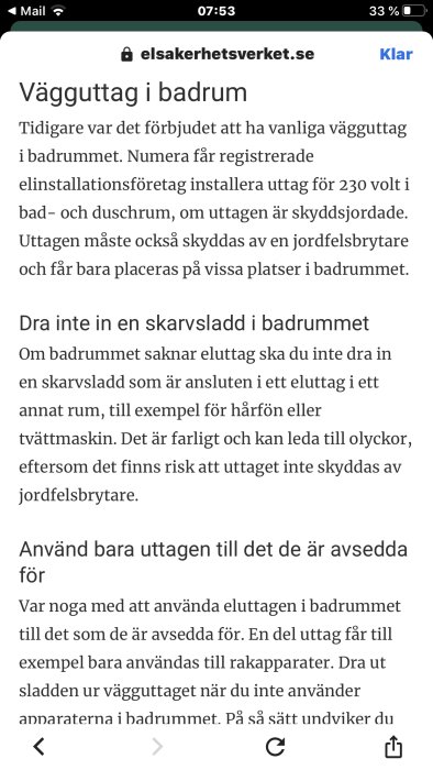 Skärmdump av en artikel på elsakerhetsverket.se om regler för installation av vägguttag i badrum.