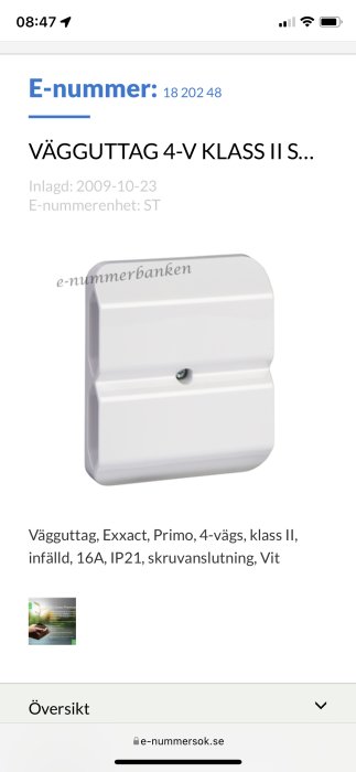 Vägguttag Exxact Primo, 4-vägs, klass II, skruvanslutning, infälld, 16A, IP21, vit.