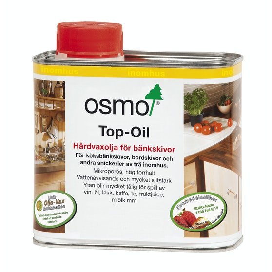 Burk med Osmo Top Oil för behandling av bänkskivor inomhus.