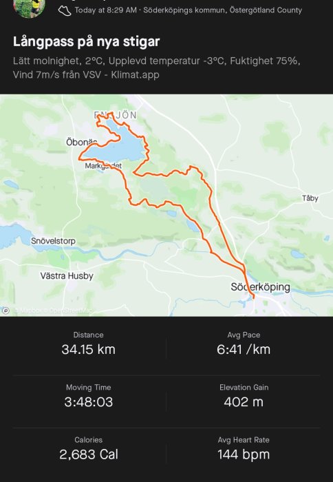 Skärmklipp av en löprunda på en kartapp visar en orange linje längs löpspår nära Söderköping med statistik om distans, tid, höjdmeter och puls.