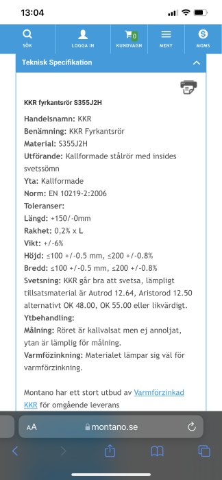 Skärmdump av teknisk specifikation för KKR fyrkantsrör från Montano.se med detaljerad produktinformation.