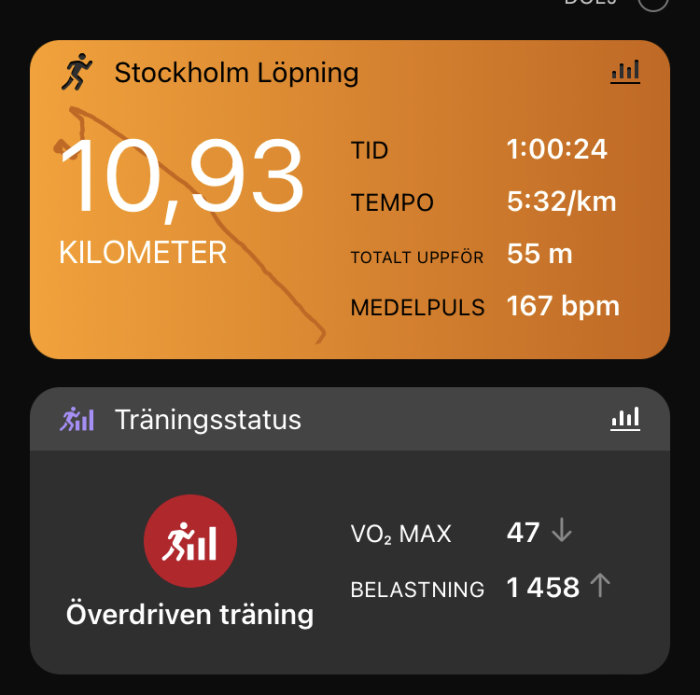 Skärmavbild av en träningsapp som visar löpstatistik inklusive distans, tid, tempo, höjdstigning och puls samt träningsstatus "Överdriven träning".