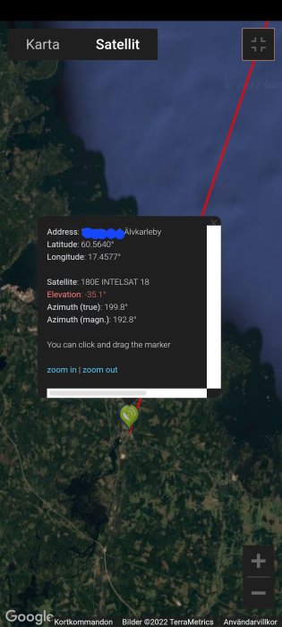 Skärmdump av Dishpointer-karta som visar riktningen för parabolantenn med koordinater och elevationsvinklar.