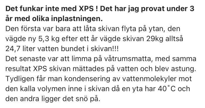 Skärmdump av foruminlägg om erfarenhet av att XPS isolering vattenupptagning för spabadisolering.