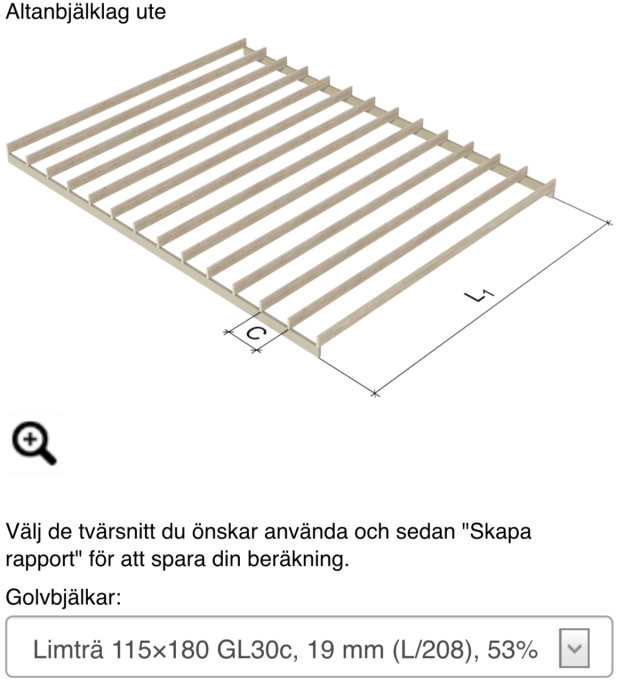 3D-modell av ett altanbjälklag med reglar och en längsgående förstärkningsregel.