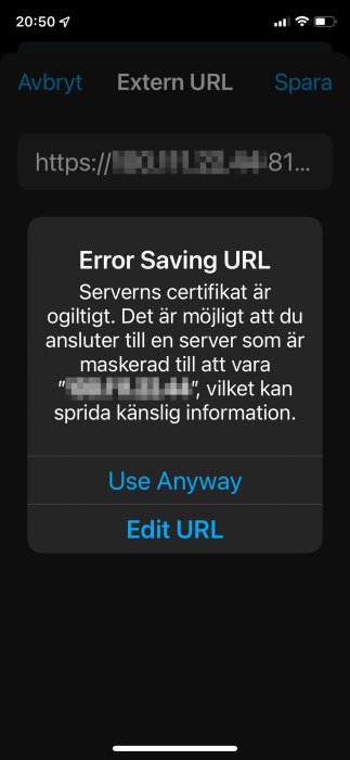 Skärmdump av felmeddelande om ogiltigt servercertifikat vid sparande av URL.