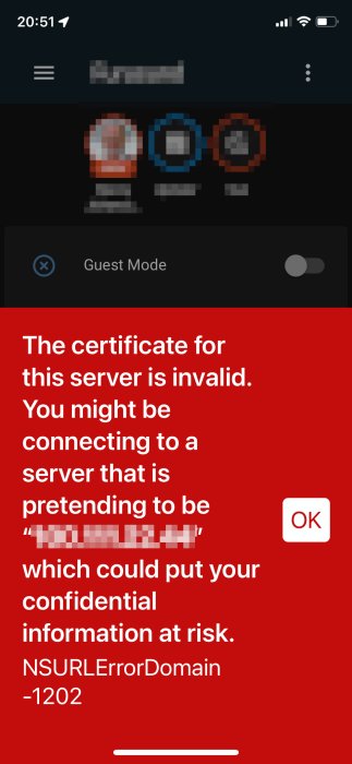 Skärmdump av en säkerhetsvarning på en mobil enhet om ett ogiltigt servercertifikat.