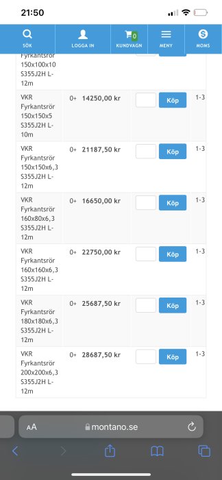 Skärmdump från Montano.se som visar en lista med priser för olika dimensioner av VKR fyrkantsrör.