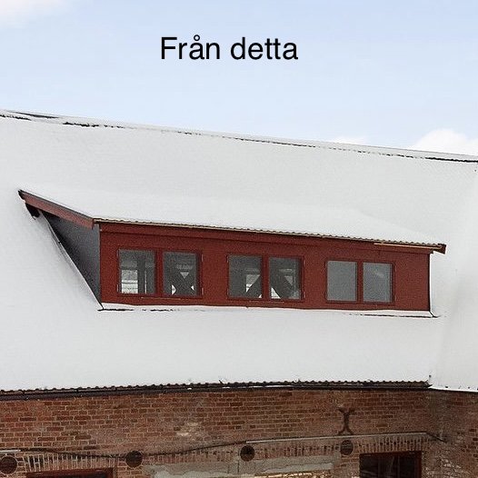 Snedtak med en befintlig takkupa med flera små fönster på ett tegelhus.