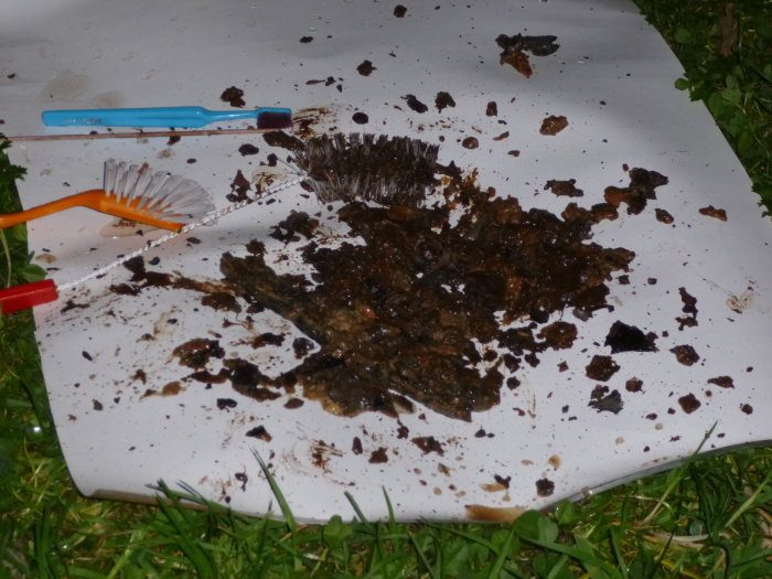 Ett resultat efter sex år, visande en ansamling av spill på ett vitt ark med en tandborste och diskborste.