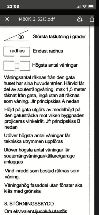 Skärmavbild av en detaljplan med text om maximalt antal våningar och definitioner för byggnadshöjd.