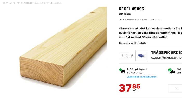 Träregel med dimensionerna 45x95 mm mot vit bakgrund.