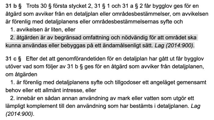 Bild på text ur Plan- och bygglagen (PBL) med överstruket stycke som diskuterar avvikelse från detaljplan.