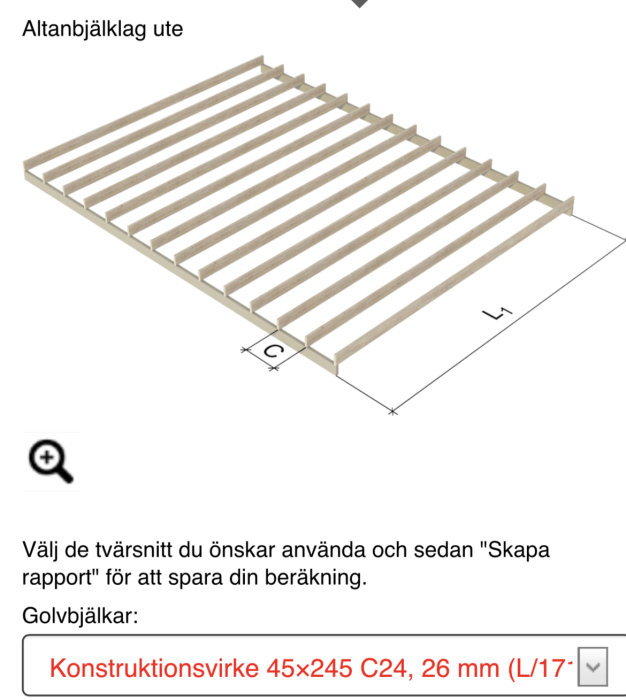 Isometrisk illustration av ett altanbjälklag med dimensionerade träbjälkar och märkta mått.