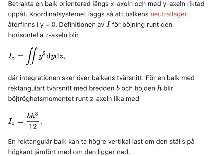 Text om böjtröghetsmoment för en balk med matematiska formler och förklaringar.