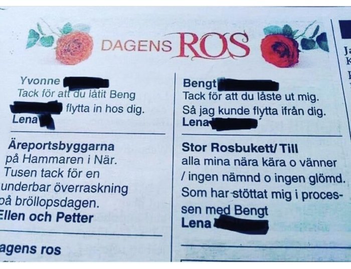 Utskrift av "Dagens Ros" i en tidning där namn är överstrukna i svart.