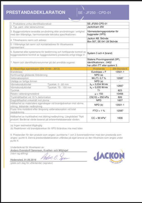 Dokumentet visar en prestandadeklaration för byggprodukten Jackofoam 250 med tekniska specifikationer och underskrift.