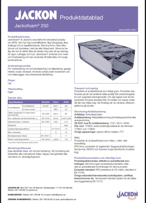 Produktblad för JACKON Jackofoam 250 isolerskum med teknisk data och användningsområden.