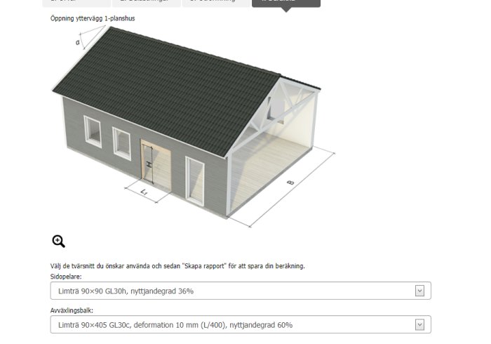 3D-modell av ett hus med öppen planlösning och dimensioner för en limträbalk.