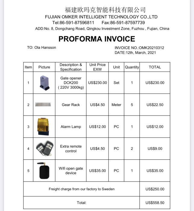 Proformafaktura med olika komponenter för portöppnare, inklusive kugghjul, kuggstång och fjärrkontroller.