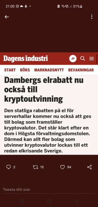 Skärmdump från Dagens industri med rubrik om elrabatt för kryptovaluta-utvinning.