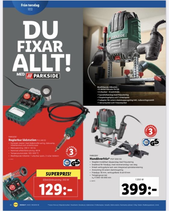 Reklamblad med Parkside verktyg inklusive en bandslip, lödstation och handöverfräs med priser och tekniska specifikationer.