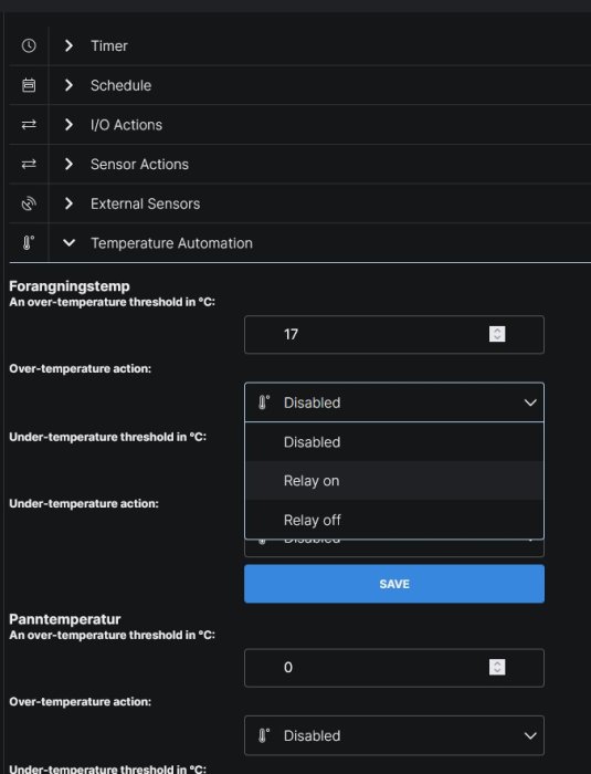 Skärmdump av en app för temperaturautomatisering med gränssnitt för att ställa in tröskelvärden.