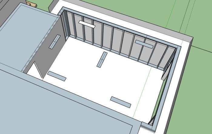 3D-modell av ett garage med indikerade positioner för belysning vid sidorna och i mitten, med portöppning till höger.