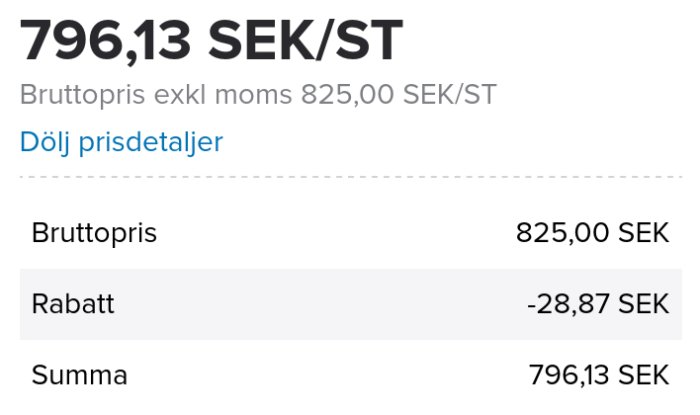 Prisdetaljer visar en liten rabatt på en produkt som ger slutpris 796,13 SEK från bruttopriset 825 SEK.