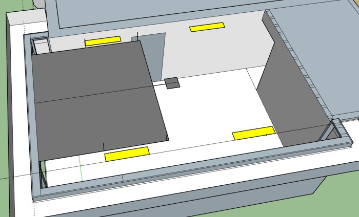 3D-modell av garage med möjlig placering av fyra gula lampor och en portöppning.