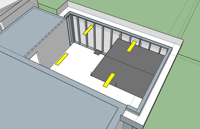 3D-ritning av ett garage med markerade lampplaceringar och garageportens skenor.