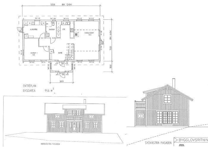 Ritning visar planlösning för entréplan och fasaddesign för hus med bygglovsmärkning.