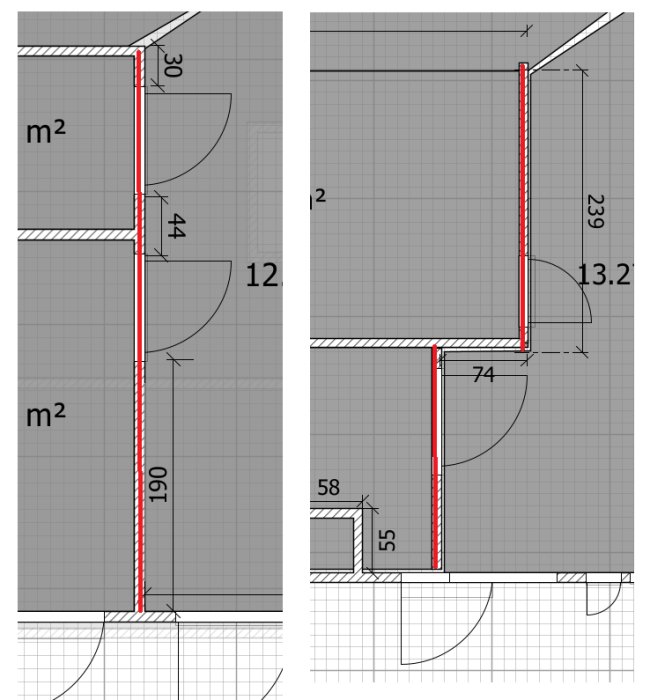 Teknisk ritning som visar planen för att modifiera en träbalks position och höjd i en väggkonstruktion.