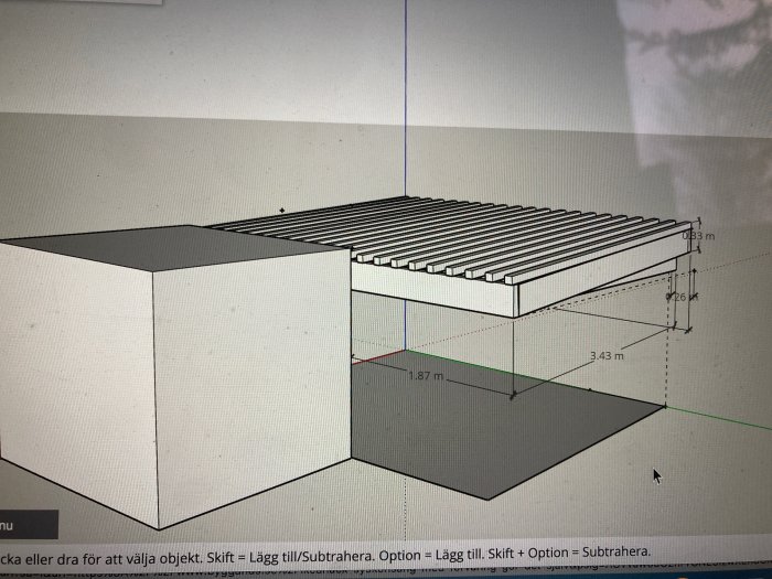 3D-modell av en pergolakonstruktion mellan en fasad och ett förråd utan stolpe i hörnet.