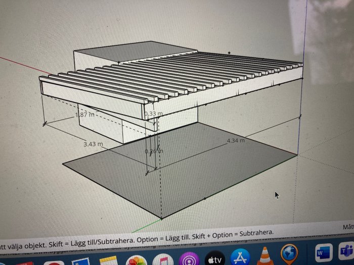 3D-modell av pergolakonstruktion mellan hus och förråd med dimensioner markerade.