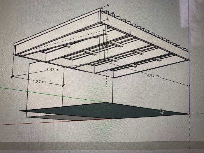 3D-ritning av en pergolakonstruktion utan stolpe i hörnet med angivna mått.