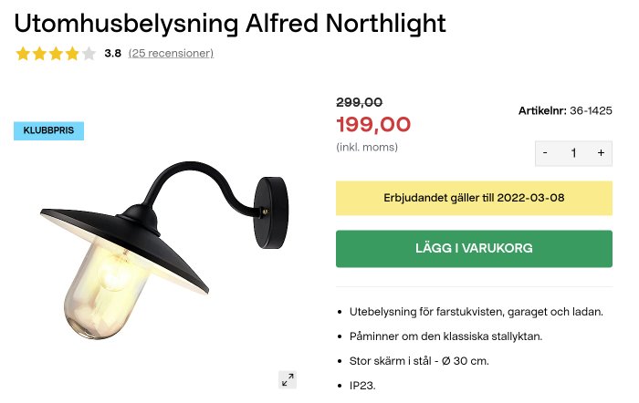 Klassisk utomhusvägglampa med svart arm och en genomskinlig lampkupol som visar en tänd glödlampa, mot en vit bakgrund.