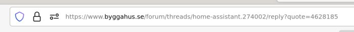 Adressfält i webbläsaren med hänglås och URL till Byggahus-forumtråd om Home Assistant.